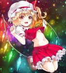  ascot blonde_hair bow breasts child flandre_scarlet glowing glowing_wings hat hat_bow jumping looking_at_viewer midriff mikoma_sanagi navel open_mouth pink_eyes puffy_sleeves revision shirt short_sleeves side_ponytail skirt small_breasts smile solo touhou underboob upshirt vest wings 