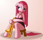  anthrofied big_breasts black_and_white blue_eyes breasts clothed clothing cutie_mark dress equine female friendship_is_magic hair horse long_hair mammal monochrome musical_instrument my_little_pony necklace nipples pink_hair pinkamena_(mlp) pinkie_pie_(mlp) pixel_art pony sitting smile solo straight_hair tg-0 trombone 