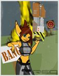  eightysix explosion female green_eyes gun lombax ranged_weapon ratchet_and_clank red_(character) stripes weapon 