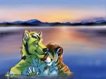  absurd_res american_lion canine casey couple difference doofus feline female frizzle frizzlewolf hi_res lake lion male mammal romantic size size_difference straight sunset swimming water wolf 