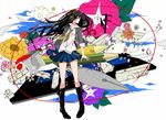  black_eyes black_hair blazer boots chain cloud colorful flower hashimochi headphones jacket long_hair looking_at_viewer loose_necktie necktie original paint_can pen pencil power_lines skirt solo tablet_pc 