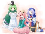  bad_id bad_pixiv_id barefoot blue_hair bubble_skirt closed_eyes dress ghost_tail green_hair hair_brushing hat hata_no_kokoro hood jewelry kesa kneeling kumoi_ichirin long_hair mask multiple_girls naka_akira necklace pendant pink_eyes pink_hair plaid plaid_shirt shirt skirt soga_no_tojiko tate_eboshi touhou 