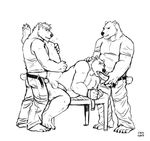  anal anal_penetration balls bdsm bear big_muscles black_and_white bondage bound cbh claws clothing fellatio gay group group_sex lying male mammal monochrome muscles nude on_side oral oral_sex pants pants_down penetration penis polar_bear rufus_silverclaw sex table taranis threesome 