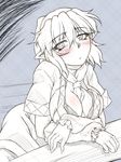  ascot bad_id bad_pixiv_id between_breasts blush breasts cleavage large_breasts mizuhashi_parsee monochrome ootsuki_wataru open_clothes open_shirt pointy_ears shirt short_hair solo spot_color touhou 