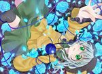  bad_id bad_pixiv_id black_legwear blue_flower blue_rose chikamichi_(ssssgirl) dress flower green_eyes green_hair hat komeiji_koishi petals rose solo thighhighs third_eye touhou 