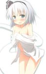  blue_eyes blush breasts cleavage dress_shirt hitodama konpaku_youmu konpaku_youmu_(ghost) looking_at_viewer no_pants off_shoulder open_clothes open_shirt panties ran_(9ens2000) shirt short_hair silver_hair simple_background small_breasts touhou underwear white_background white_panties 