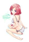  bikini bottle love_live! love_live!_school_idol_project nagisa_honoka nishikino_maki purple_eyes red_hair short_hair sitting solo striped striped_bikini swimsuit vertical-striped_bikini vertical_stripes wariza 