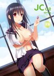  bad_id bad_pixiv_id black_hair blush breasts condom large_breasts long_hair navel nipples no_bra open_clothes open_shirt original panties pantyshot pantyshot_(sitting) puffy_nipples red_eyes saikawa_yusa school_uniform shirt sitting skirt solo sweat underwear 