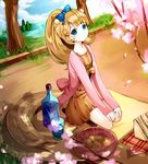  animal_ears bad_id bad_pixiv_id blue_eyes bottle brown_hair cherry_blossoms dress food fruit glass long_hair narahana orange original ponytail sitting sweater tail 