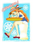  blue_eyes bottle legs long_hair mochizuki_mina orange_hair orangina ribbon sandals shorts sitting solo 