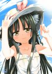  1girl 2012 6feather animal_ears black_hair blush bow braid braids brown_eyes cat_ears cloud clouds dress female hat long_hair looking_at_viewer original outdoors sky solo straight_hair sun sundress twin_braids white_dress yamato_(6feather) 