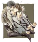  2boys boots brown_hair cuffed eren_yeager levi_(shingeki_no_kyojin) male male_focus multiple_boys no_shoes shingeki_no_kyojin sitting yaoi 