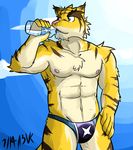  anthro biceps big_muscles bulge chest_tuft drinking erection feline fur hand_on_hip male mammal morenatsu muscles nipples pecs penis solo tiger topless torahiko_ooshima tuft vent-kazemaru water 