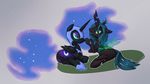  anus black_body blue_hair changeling cutie_mark duo equine female feral friendship_is_magic green_eyes hair helmet horn horse mammal my_little_pony nightmare_moon_(mlp) plain_background ponchuzn pony pussy queen_chrysalis_(mlp) winged_unicorn wings 
