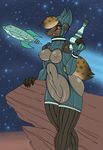  brown_hair by_the_book clothed clothing collar female gnoll gun hair looking_at_viewer peter_anckorn ranged_weapon space tight_clothing weapon yellow_eyes yeshka 