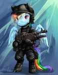  abstract_background audrarius blue_fur body_armor equine female feral friendship_is_magic fur gun hair helmet horse looking_at_viewer mammal multi-colored_hair my_little_pony pegasus pony purple_eyes rainbow_dash_(mlp) rainbow_hair ranged_weapon shotgun solo spas-12 standing weapon wings 