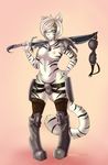  2013 black_fur black_nose boots bra breasts claws feline female green_eyes hair mrawl navel necklace nipples short_hair smile solo standing stripes sword the_elder_scrolls the_elder_scrolls_v:_skyrim thighs tiger topless unconvincing_armor underwear video_games weapon white_fur white_hair wide_hips 