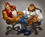  anthro balls bear beard biceps big_feet big_muscles bound brown_hair chair chest_tuft claws clothing da_boz duo facial_hair feline footwear fur gay hair huge_muscles laugh lion male mammal mane muscles pants pants_down pecs penis presenting rope shirt shoes sitting tank_top tickling tight_clothing toe_claws trousers tuft underwear vest 