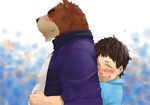  bear belly biceps blue_shirt blush brown_fur brown_hair chubby clothing couple digital_painting_(art) duo eyes_closed friends fur gay grin grizzly_bear hair happy hiroyuki hug hug_from_behind human juuichi juuichi_mikazuki male mammal mennsuke morenatsu purple_jacket side_view size_difference smile tan_fur unknown_artist white_shirt young 