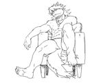  black_and_white canine chair dog gamma-g hair husky kouya_aotsuki looking_at_viewer male mammal monochrome morenatsu plantigrade presenting sitting smile solo underwear waiting 