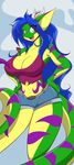  big_breasts blue_hair blush breasts cleavage clothed clothing female flower gecko geecku green_skin hair las_lindas lizard long_hair looking_at_viewer mastergodai open_mouth purple_skin reptile scalie shirt shorts smile solo stripes thick_thighs thighs wide_hips yellow_eyes yellow_skin 