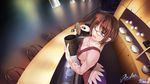  apron bar breasts brown_hair canister chair cup earrings eve_no_jikan fisheye from_above glasses green_eyes highres hozumi_kaoru jewelry looking_at_viewer looking_up medium_breasts nagi_(eve_no_jikan) plate short_hair smile solo teacup 