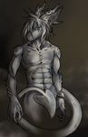 abs anthro biceps blue_eyes claws darkzel dragon ear_piercing grey_hair grey_skin hair looking_at_viewer male muscles nude pecs piercing pose reptile scales scalie solo standing tattoo teeth 