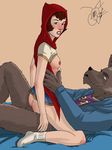  big_bad_wolf breasts canine clothed clothing female hoodwinked human human_on_anthro interspecies jzerosk little_red_riding_hood male mammal red_puckett sex straight the_wolf wolf 