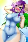  blue_fur blush breasts brown_fur ear_piercing facial_piercing female fur hair kammymau lip_piercing long_hair mammal navel navel_piercing nose_piercing nude open_mouth outside piercing purple_eyes purple_hair purple_nose red_panda sky smile solo standing thighs unknown_species water wide_hips 