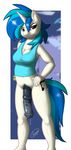  animal_genitalia anthro anthrofied big_penis black_penis blue_hair bottomless breasts clothing cyan_hair dickgirl equine friendship_is_magic front fur hair half-erect hand_on_hip hi_res horn horse horsecock intersex looking_at_viewer mammal my_little_pony naughty_face navel penis pony pose precum red_eyes shirt skipsy smile standing thick_penis two_tone_hair vinyl_scratch_(mlp) white_fur 
