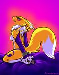  akirashepherd anthro bed black_sclera blue_eyes blush breasts candyfoxy canine clothed clothing digimon female fox looking_at_viewer mammal mane panties pawpads renamon shackles shoulder_spikes side_boob skimpy underwear 