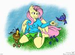  anthro anthrofied avian bird bird_feeding bird_seed bleff172 blue_eyes bowl clothing equine female flower fluttershy_(mlp) flying friendship_is_magic grass hair hoodie horse joey-darkmeat kneeling mammal my_little_pony outside pegasus pink_hair pony shorts sky solo wings 