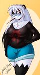  bear big_breasts black_fur black_nose breasts cleavage clothed clothing cocoa eyewear female fur glasses hair las_lindas long_hair looking_at_viewer mammal mastergodai panda red_eyes shirt shorts solo thick_thighs thighs voluptuous white_fur white_hair wide_hips 