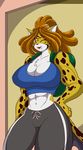  big_breasts blue_eyes breasts brown_fur brown_hair cleavage clothed clothing fangs female fur hair long_hair looking_at_viewer mastergodai muscles muscular_female navel one_eye_closed pants sabertooth shirt smile solo spots teeth thick_thighs white_fur wide_hips wink yellow_fur 