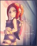  black_eyes black_shirt black_shorts bracelet commentary conomi-c5 copyright_name crop_top highres ink_tank_(splatoon) jewelry light_particles makeup mascara medium_hair midriff octoling pointy_ears red_hair shirt short_shorts shorts sleeveless sleeveless_shirt solo splatoon_(series) splatoon_2 splatoon_2:_octo_expansion squidbeak_splatoon suction_cups tentacle_hair thigh_strap 