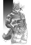  abs anthro arthropod biceps big_muscles canine clothing darkzel dragonfly fangs fur insect jeans male mammal monochrome muscles nipples open_mouth pants pecs pose solo standing teeth toned topless vein wolf 