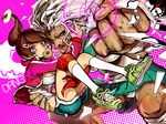  aqua_eyes asahina_aoi bandages breasts brown_hair carrying cleavage danganronpa danganronpa_1 dark_skin doughnut food hair_ornament hairclip jacket knee_pads kneehighs large_breasts mapi mouth_hold multiple_girls muscle oogami_sakura panties ponytail scar school_uniform serafuku shoes short_shorts shorts size_difference sneakers track_jacket underwear white_hair white_legwear white_panties 