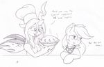  applejack_(mlp) black_and_white cat_eyes changeling chef_hat duo english_text equine fangs female feral freckles friendship_is_magic hair hat holes horn horse joey-darkmeat long_hair mammal monochrome my_little_pony pie plain_background pony queen_chrysalis_(mlp) scarf slit_pupils table text white_background wings 