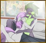  anthro anthrofied bed blush breasts butt cat_eyes couple day dragon duo equine eyes_closed female friendship_is_magic hair horse hug mammal marik_azemus34 my_little_pony nipples nude pillow pony ponyville scalie side_boob slit_pupils spike_(mlp) sweetie_belle_(mlp) two_tone_hair window 