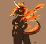  anthro back back_turned breasts butt demon equine female flames fluff-kevlar gem glowing glowing_eyes hair horn horse looking_at_viewer looking_back mammal nipples nude plain_background solo standing teeth wings 