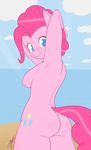  2013 anthrofied blue_eyes blush breasts butt cutie_mark dashboom equine female friendship_is_magic hair hands_behind_head horse looking_at_viewer looking_back my_little_pony pegasus pink_fur pink_hair pinkie_pie_(mlp) pony side_boob solo wings 