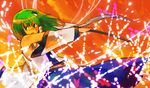  armpits blue_skirt cowboy_shot detached_sleeves frog_hair_ornament gohei green_hair hair_ornament kochiya_sanae kuma_(crimsonvanilla) looking_at_viewer orange_background simple_background skirt solo touhou vest 