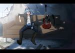  blue_hair boots cigarette denim guitar hatsune_miku instrument jeans letterboxed long_hair nagareboshi pants sitting smoking solo twintails vocaloid 