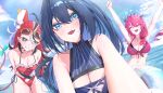  3girls :d absurdres ahoge animal_ears armpits arms_behind_back arms_up ass_visible_through_thighs bikini black_bikini black_collar black_hair blue_eyes blue_hair blue_one-piece_swimsuit blue_sky bow breasts casual_one-piece_swimsuit cleavage cleavage_cutout closed_eyes clothing_cutout cloud collar colored_tips commentary crystal_wings day dice_hair_ornament double-parted_bangs double_halo english_commentary eyewear_on_head fang frilled_one-piece_swimsuit frills front-tie_bikini_top front-tie_top grin hair_between_eyes hair_ornament hair_over_shoulder hakos_baelz hakos_baelz_(holonatsu_paradise) halo highres hololive hololive_english holonatsu_paradise holopromise irys_(hololive) irys_(holonatsu_paradise)_(hololive) jewelry large_breasts layered_bikini long_hair looking_at_viewer low_side_ponytail medium_breasts mouse_ears mouse_girl mouse_tail multicolored_hair multiple_girls navel necklace ocean official_alternate_costume official_alternate_hairstyle one-piece_swimsuit ouro_kronii ouro_kronii_(holonatsu_paradise) outdoors outstretched_arms pink_bikini pointy_ears ponytail purple_hair reaching reaching_towards_viewer rectangular_eyewear red_hair red_one-piece_swimsuit side-tie_one-piece_swimsuit skin_fang sky smile spiked_collar spikes star_halo stomach streaked_hair sunglasses swim_ring swimsuit tail tail_bow tail_ornament virtual_youtuber white_hair wings yellow-framed_eyewear yoellim5 