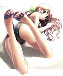  ass bikini blue_eyes bow brown_hair feet foreshortening full_body grey_bow katahira_masashi nail_polish original pink_nails sandals slippers solo swimsuit toenail_polish 