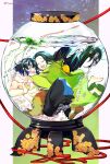  1boy 1girl air_bubble black_hair black_pants bubble character_request check_copyright closed_mouth copyright_request fishbowl from_side full_body green_kimono hetero highres hug japanese_clothes kimetsu_no_yaiba kimono long_hair long_sleeves open_mouth pants red_rope rope short_hair smile tomkureson topless_male twitter_username water wide-eyed wide_sleeves 