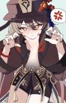  1girl anger_vein black_nails black_shorts blush brown_hair chinese_clothes flower flower-shaped_pupils genshin_impact ghost_pose hair_between_eyes hand_on_another&#039;s_cheek hand_on_another&#039;s_face hat hat_flower hat_tassel highres homake hu_tao_(genshin_impact) jewelry long_hair looking_at_viewer multiple_rings plum_blossoms porkpie_hat red_eyes ring shorts spoken_anger_vein symbol-shaped_pupils twintails 