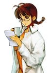  akizuki_ritsuko antenna_hair braid breasts brown_eyes brown_hair cleavage covering cup glasses idolmaster idolmaster_(classic) idolmaster_1 labcoat large_breasts mug non-web_source nude reading short_hair twin_braids underboob 