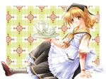  blonde_hair bow copyright_request cup frills grey_legwear kimizuka_aoi light_particles pantyhose shawl solo tea_set teacup tray waitress 