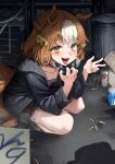  1girl absurdres animal_ears belno_light_(umamusume) black_choker black_jacket black_mask blush box breasts breath brown_hair can cardboard_box choker cigarette cigarette_butt commentary drink_can english_commentary forked_tongue hair_between_eyes hair_ornament highres horse_girl horse_tail jacket long_sleeves looking_at_viewer mask_pull multicolored_hair mutsuru_(omotta_yori) official_alternate_costume open_clothes open_mouth pepsi pocari_sweat shirt soda_can solo streaked_hair studded_choker tail tongue torn_clothes trash_can umamusume umamusume:_cinderella_gray white_hair yellow_eyes 